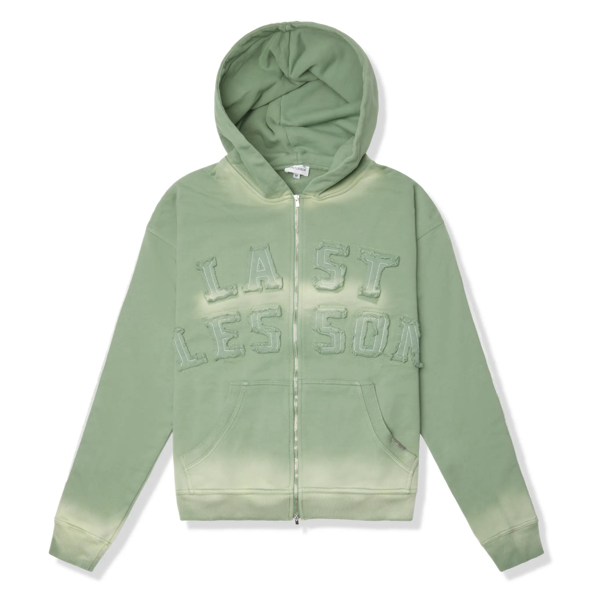 Front View of Last Lesson Washed Applique Green Hoodie